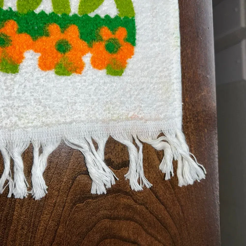2 NOS vintage floral towels 1970s orange yellow green flower fringe edges retro